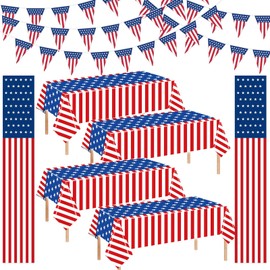 4th Of July American Flag Porch Banner Patriotic Party Decorations USA Triangle Flag Pennant Banner Red White and Blue Disposable Plastic Tablecloth for Memorial Day Independence Day Party Supplies