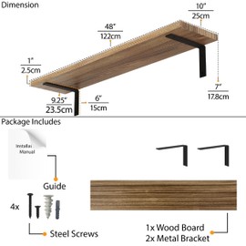 Wallniture Cervo 48 inch Long, 10" Deep and 1" Thick Wooden Wall Shelf with Heavy Duty Metal Brackets, Rustic Floating Shelves, Burnt, Wood