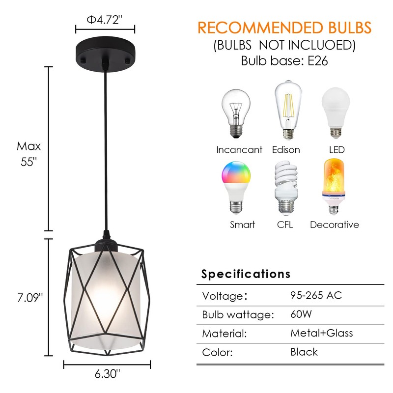 IMPIOIO Over Sink Pendant Light with Frosted Glass Black Cage