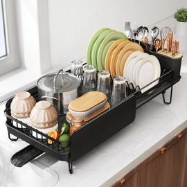 Dish Drying Rack - Large Dish Racks for Kitchen Counter, Expandable Dish Drainers with Cutlery Holder Stainless Steel Rustproof, Black