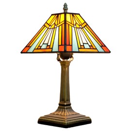 NUODITOS Tiffany Table Lamp Amber Brown Stained Glass Lamp Mission Style Antique Desk Beside Reading Lamp for Office Home Living Room Bedroom