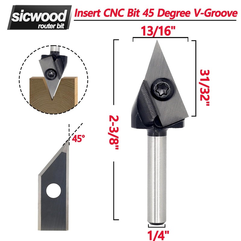 Insert Carbide V-Groove 45-Degree Router Bit 1/4 Inch Shank, Replacement