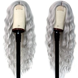 PORSMEER Long White Silver Wavy Wig for Women 26 Inch Middle Part Curly Wavy Wig Natural Looking Synthetic Heat Resistant Fiber Wig for Daily Party Use (White-Light Grey)