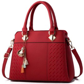 SMALLBLUER Women Soft Synthetic PU Leather Large capacity Tote Hobo Shoulder Crossbody Handbags with Tassels-Red
