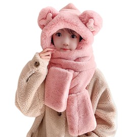 Kids Winter Hat Scarf Mittens 3 in 1 Hat Faux Fur Hat Hooded Scarf Earflap Cap Neck Warmer Ski Hat Hat Scarf Gloves Set Pink