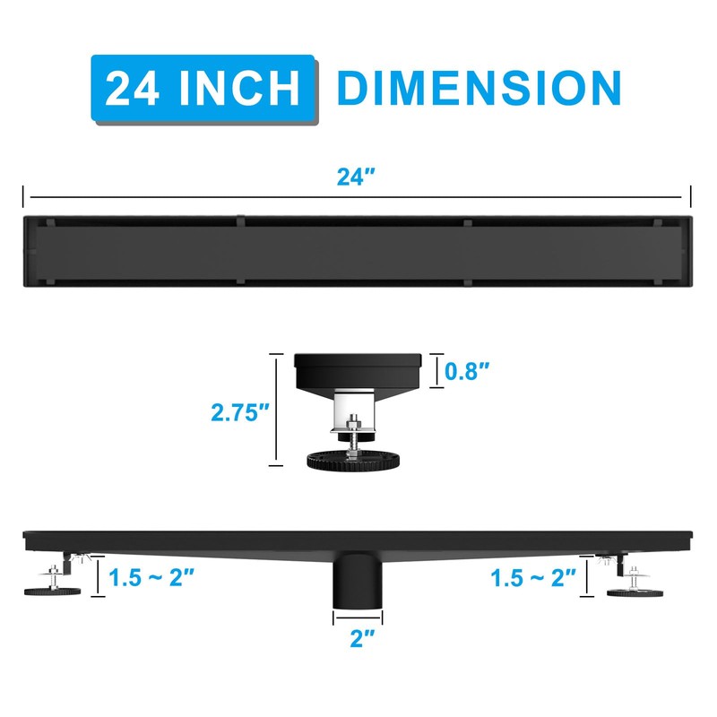 Fibetter Linear Shower Drain 24 Inch Black with Removable 2-in-1