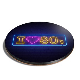 1 x Round Coaster - I Love 80's Neon Sign Effect Cork Backed MDF Glossy Tea Coffee Accessory #21713