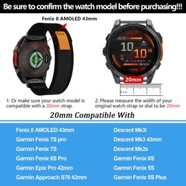20mm Nylon Watch Band Compatible with Garmin Fenix 8 AMOLED 43mm/Fenix 7S Pro/7S/6S Pro/6S/5S plus/5S,Sport Watch Straps For Garmin Descent Mk3-43mm/Mk3i-43mm/Mk2s/Approach S70 42mm
