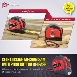 7.5m 25ft Tape Measure, Auto-Lock, Extra Wide 25mm Blade, Metal Belt Clip