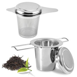 Pack of 2 Tea Strainer for Loose Tea, Tea Strainer Stainless Steel Tea Strainer for Cup, Tea Filter Stainless Steel with Lid and Foldable Handles - Fine Mesh and Dishwasher Safe