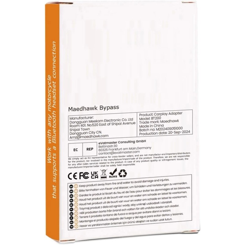 Universal Bypass Motorcycle CarPlay Bluetooth Headset Adapter, Passthrough USB-C Port