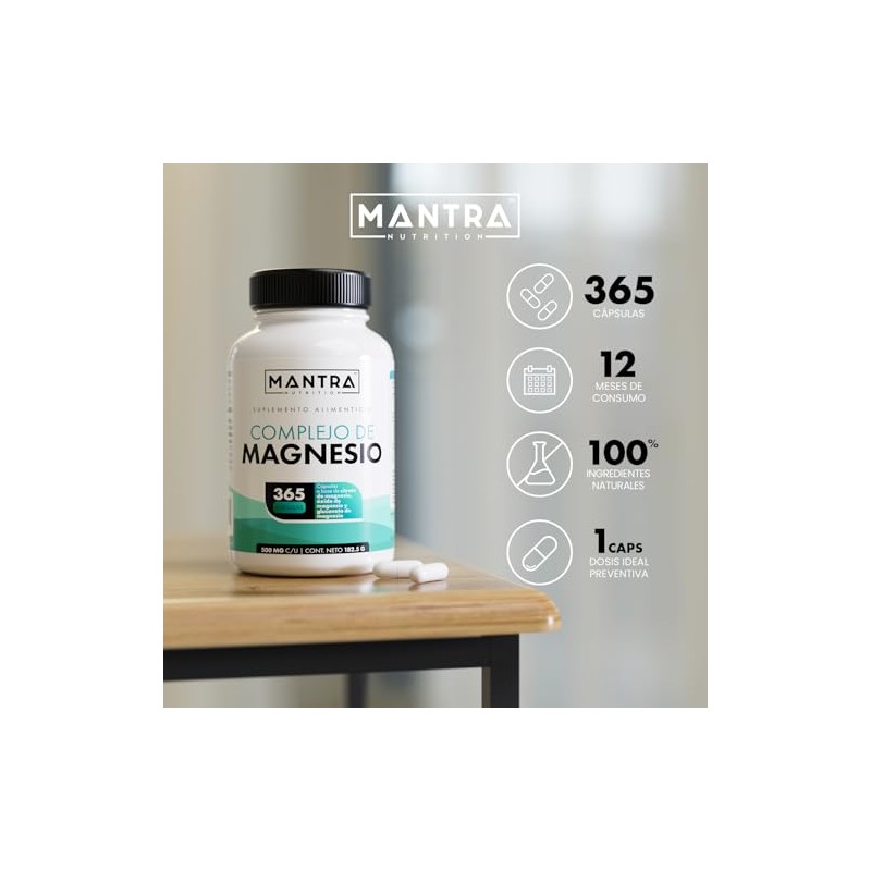 Mantra Nutrition Complejo Magnesio 365 Cápsulas Formuladas Citrato Glicinato Glu