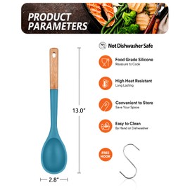 Large Silicone Cooking Spoons, Nonstick Solid Wooden Handle Spoon, Heat Resistan Silicone Kitchen Spoons for Cooking, Serving, Basting, Mixing, 13.2inch (BLUE)