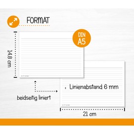 100 Index Cards DIN A5 Lined, Landscape, Inserts for Index Pockets, Index Cards, 190 g/m² Cardboard, Colour: White