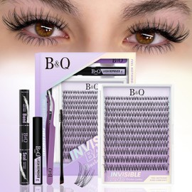 B&Q Venus Pestañas Postizas Kit Completo Naturales Banda Invisible Racimos 144 pcs Extensiones de Pestañas Efecto Natural Adecuado para Principiantes b&q Lashes con Lash Bond and Seal（Kit-Venus）
