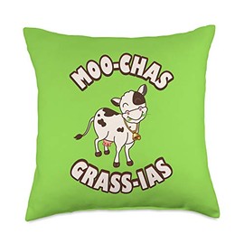 Cute Smiling Spanish Cow Eating Grass, MOO-CHAS GRASS-IAS Throw Pillow