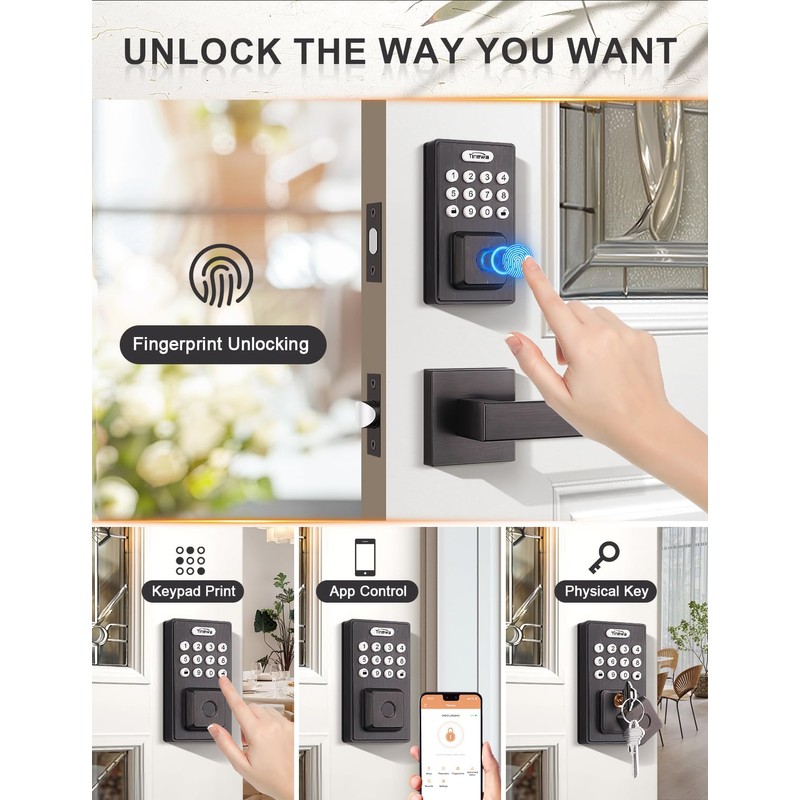 Tinewa Square Keyless Entry Door Lock with 2 Lever Handles,