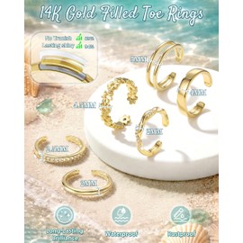 6PCS Toe Rings for Women 14K Gold Filled Toe Ring Non Tarnish Silver Adjustable Simple Open Band Hug CZ Chunky Flower Toe Rings Set Trendy Summer Beach Foot Jewelry for Women(Gold: twist toe ring)
