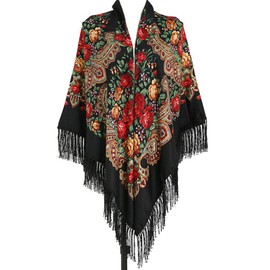 Gudessly 62"*62"Oversized Women's Traditional Retro Scarf Wrap Tassel Fringes Floral Poncho Shawl Printing Shawl