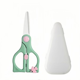 Baby Food Scissors - Toddler Safe Ceramic Kitchen Shears with Safety Lock & Travel Case, Best Scissors for Cutting Kids' Food (Meat, Vegetables, Fruits), Portable & Healthy Baby Helper (Green)
