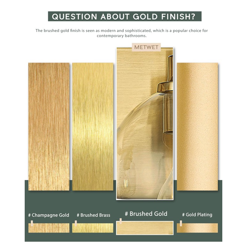 METWET Bathroom Light Fixtures, 3-Light Brushed Gold Vanity Light, Modern