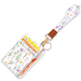 Slim Front Pocket Wallet RFID ID Card Holder Cute Small Wallet with Keychian for Women, Z White Daisy+lanyard, Card Holder+Lanyard