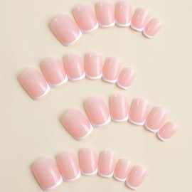 24Pcs White French Tip Press on Nails Short Petite Fake Nails Square Shaped Acrylic Glue on Nails Reusable Stick on Nail Nude Pink False Nails Glossy Designs for Women Girls DIY Manicure Decorations