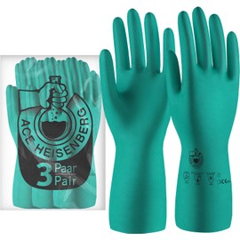 ACE Heisenberg Chemical Gloves - 3 Pairs of Chemical Protective Gloves Made of Nitrile - Extra Long & Lined - 07/S (Pack of 3)