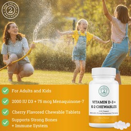 2nd Springs Vitamin D3 + K2 Chewables - 2000 IU Vitamin D and MK7 K2 (Menaquinone-7) - Cherry Flavored Tablets - Vitamin D + K2 Supplement for Adults and Kids