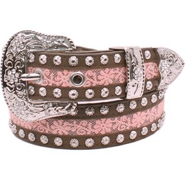 ARIAT Youth Girls Floral Lace Inset Studded Belt, Brown/Pink, 20