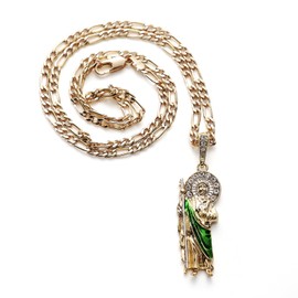 Gold Plated Green Saint Jude Pendant Necklace Figaro 24" San Judas Tadeo Medalla Cadena Oro Laminado
