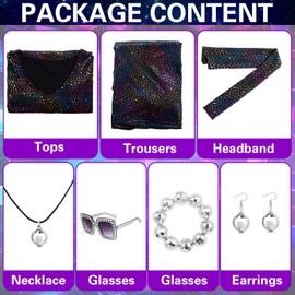 Antsparty 70s Disco Costume for Women, 70s Fancy Dress Outfit with Glasses Necklaces Bracelet, Ladies Sparkly Disco Jumpsuit for 1970s Disco Theme Party