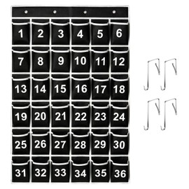 SAVERHO 36 Pockets Black Numbered Classroom Pocket Chart for Cell Phones, Hanging Pocket Chart Storage for Classroom Phone Calculator Holder with 4 Hooks (Black-36pockets)