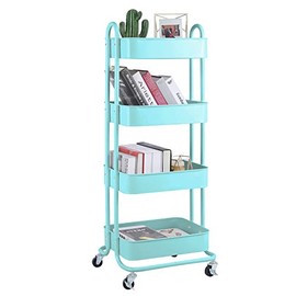 4-Tier Metal Mesh Utility Rolling Cart Storage Organizer Shelf Rack with Lockable Wheels for Living Room Kitchen Office, Turquoise