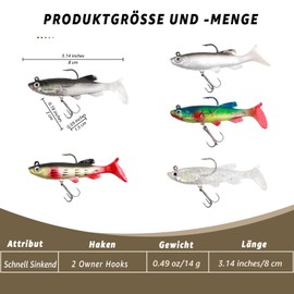 INMORVEN Set of 5 Rubber Fish Baits (3 x 9 cm + 2 x 8 cm) - Premium Fishing Lure for Zander, Perch & Pike - UV-Active Colours, Flavoured - Ideal for Jigging & Spin Fishing (5 Pieces T-Tail)