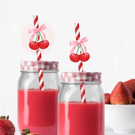 30Pcs She's the Cherry on Top Paper Straws Cherry Staws Fruit Theme Birthday Paper Striped Straws Cherry Theme Party Decor for Women Girl Birthday Baby Shower Bridal Shower Bachelorette Party Supplies