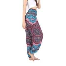 Boho Pants Harem Pants Yoga Trousers for Woman Bohemian Beach Pants (Blooming Red, Medium)