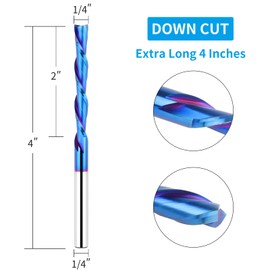 EANOSIC Spiral Router Bits with Downcut 4 inch Extra Long1/4 inch Cutting Diameter 2 inch Cutting Length, Solid Carbide CNC Router Bit Carving Tool