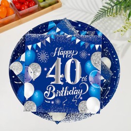 40PCS 40th Birthday Party Set, including Navy Blue 7-inch Dessert Plate and 40th Birthday Napkins, suitable for 20 guests attending birthday parties, decorated with blue and silver themes