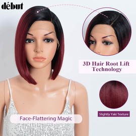 DÉBUT Side Part Lace Front Bob Wigs, Ombre Burgundy Short Bob Light Yaki Straight Synthetic Wig for Women 1B to Burgundy