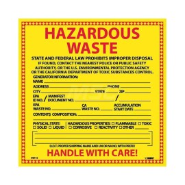 AccuformNMC 25 Pack NMC Hazardous Waste Labels: 6" Square Self-Adhesive Vinyl