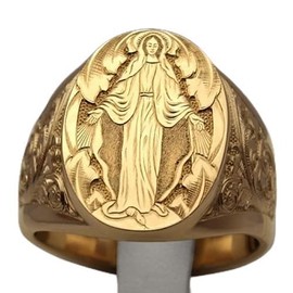LIOYSIUT Mens Womens Silver Ring 18K Gold Plated Engraved Signet Ring Virgin Mary Bible Verse Prayer Rings Christian High Polished Stackable Plate Knuckle of Religious Gifts Jewelry Size 12