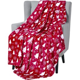 Winter Christmas Holiday Fleece Throw Blanket: Velvety Soft Forest Tree and Snowflake Design, Accent for Couch Bed Chair, Red White