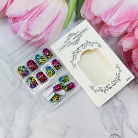 Square Press on Nails Short Fake Nails with Designs Leopard Glue on Nails Zebra Lines False Nails Colorful Acrylic Nails Glossy Artificial Nails Full Cover Stick on Nails for Coquette Women 24Pcs