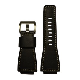 Panatime 24mm Smooth Black HZ Genuine Leather Watch Band with White Stitching for Bell & Ross 125/75