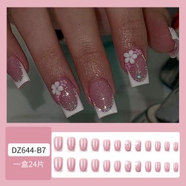 Flower Press on Nails French Tip Fake Nails Medium Square Glue on Nails Summer Acrylic Nails 3D Flowers Stick on Nails Cute False Nails with Glitter Designs Full Cover Press on French Tip Nails