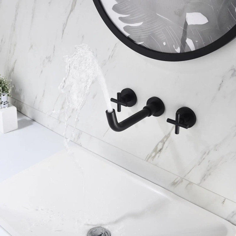 Modern Wall Mount Bathroom Sink Faucet Matte Black 2 Handle