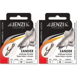 Set: 2 Packs Jenzi Tied Zander Hooks Ryder Hooks (Pack of 10) Mono, 80 cm Zander Leader Mounted Hook Size, 2, 4, 6, 8 + Free Petri Heill! Sticker (Hook Size 4)