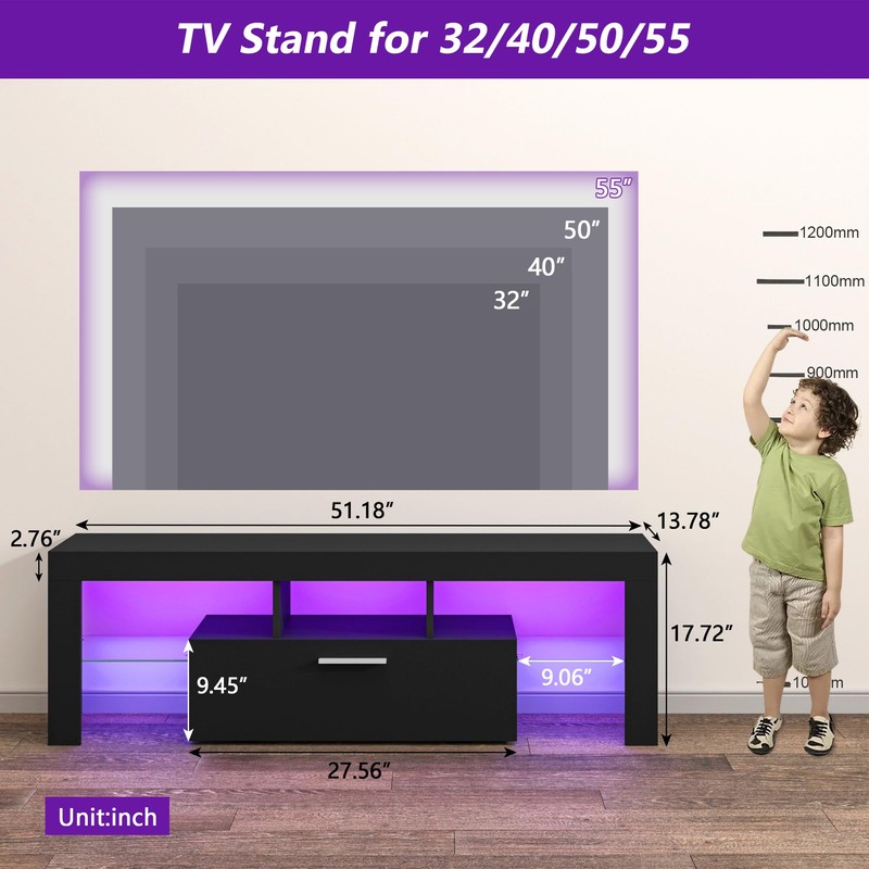 Clikuutory Black LED TV Stand with Large Storage Drawer for