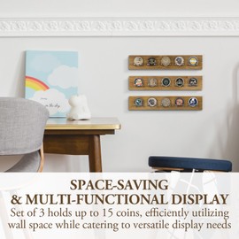 MyGift Wall Mounted Premium Acacia Solid Wood Challenge Coin Holder with Brass Tone Metal Nail Hooks, Military Coin Display Shelf Rack, Set of 3 Holds up to 15 Coins
